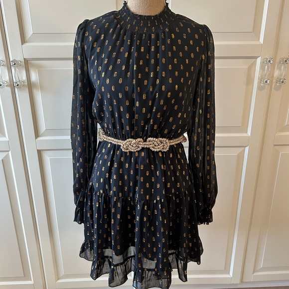 O.P.T. Black & Metallic Gold Fleck Chiffon Mini Dress Size M - Picture 11 of 12